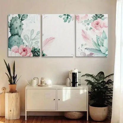 3pcs Watercolor Green Cactus and Pink Flowers Wall Art Canvas Unframed - High Quality Print 100% Australian Made Wall Canvas