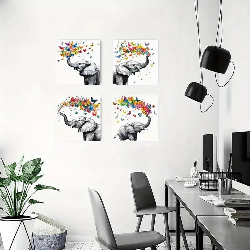 4pcs Vibrant Butterfly ElephantWall Art Canvas Framed