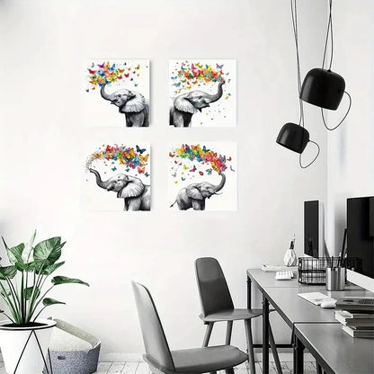 4pcs Vibrant Butterfly ElephantWall Art Canvas Framed