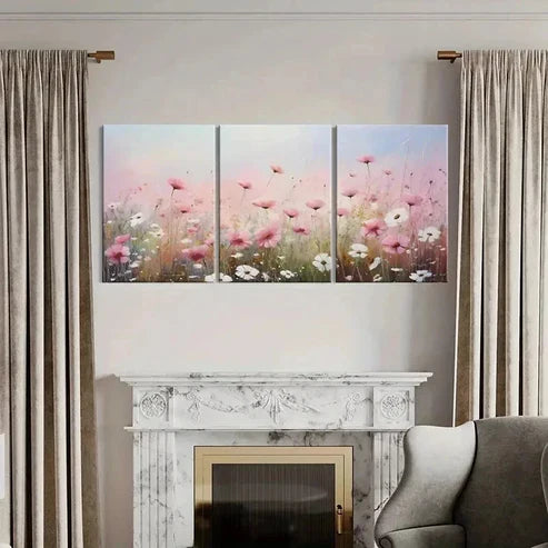 3pcs White Daisies & Pink Flower Field Wall Art Canvas Unframed - High Quality Print 100% Australian Made Wall Canvas