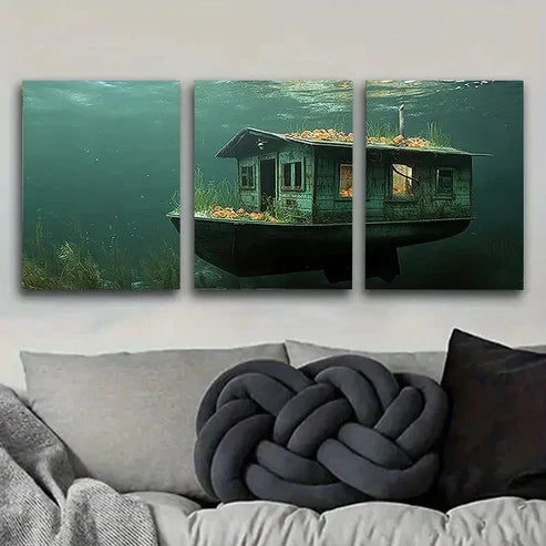 3pcs Submerged Boat with Flowers  Wall Art Set Canvas Unframed - High Quality Print 100% Australian Made Wall Canvas - Bella Home Decor