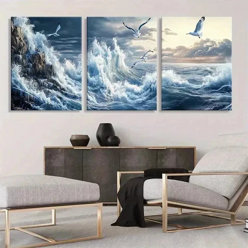 3pcs Ocean Waves Seagulls Majestic Sea Perfect Wall Art Canvas Unframed - High Quality Print 100% Australian Made Wall Canvas