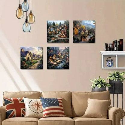 4pcs Vibrant Evening Scenes with Stone Houses Wall Art Canvas Framed