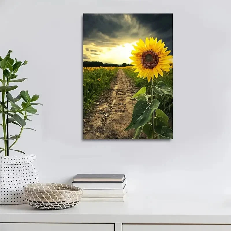 Beautiful Vibrant Sunflower Field Scene Painting 40x60cm Metal Print Ready to Hang - Bella Home Decor