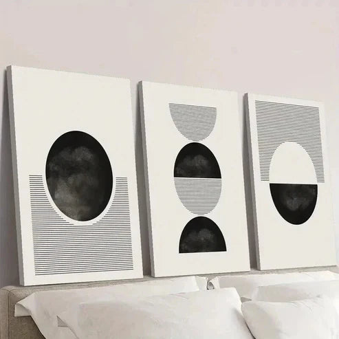 3pcs Black and White Geometric Circle and Line Wall Art Set Canvas Unframed - High Quality Print 100% Australian Made Wall Canvas - Bella Home Decor