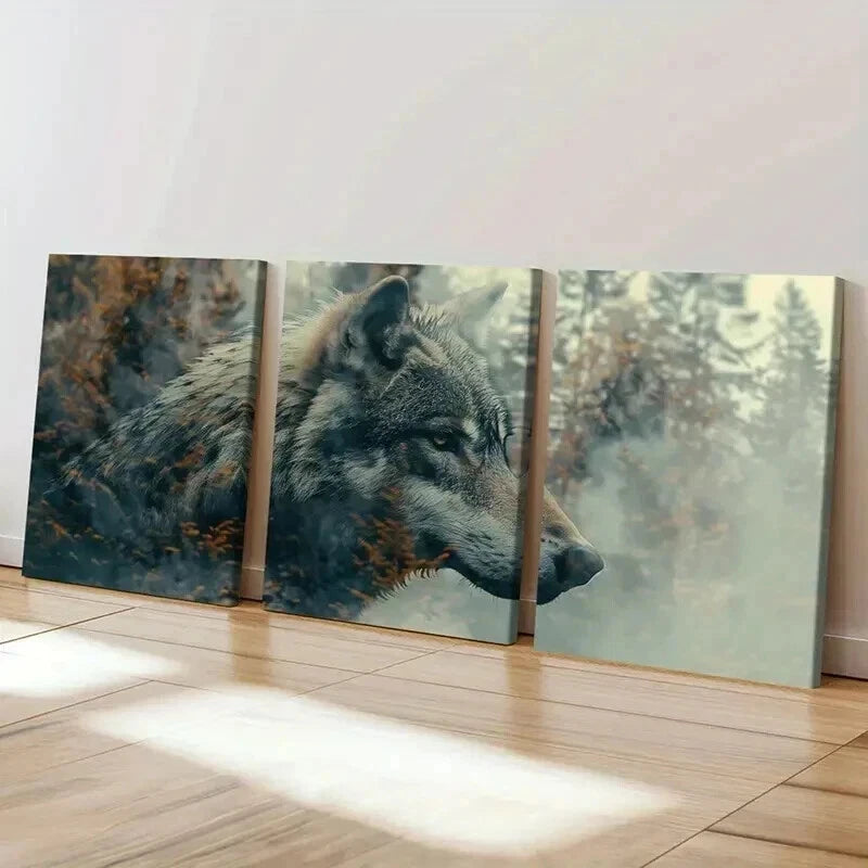3pcs Wolf Profile Artwork Wildlife Scene Forest Wall Art Set Canvas Framed 50x70cm - High Quality Print 100% Australian Made Wall Canvas Ready to Hang - Bella Home Decor