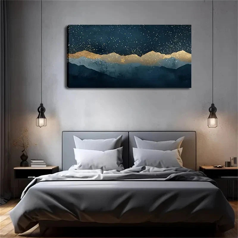 Deep Blue & Golden Starry Wall Art canvas office home room framed 120x60cm