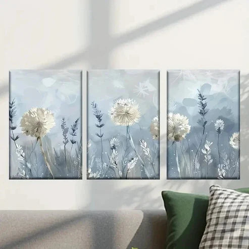 3pcs White Dandelion Flowers and Grass Wall Art Canvas Unframed - High Quality Print 100% Australian Made Wall Canvas