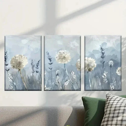 3pcs White Dandelion Flowers and Grass Wall Art Canvas Unframed - High Quality Print 100% Australian Made Wall Canvas