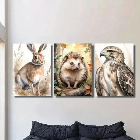 3pcs Aesthetic Watercolor Rabbit Hedgehog Eagle  Wall Art Set Canvas Unframed - High Quality Print 100% Australian Made Wall Canvas - Bella Home Decor