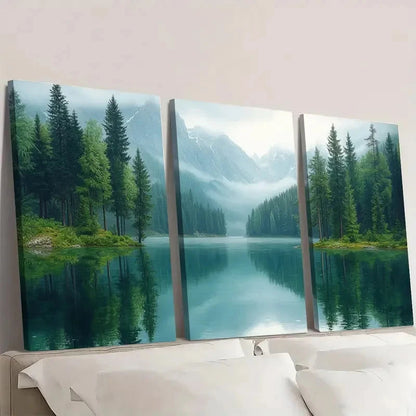 3pcs Emerald Green Pastel Pine Tree Forest HJ Wall Art Set Canvas Framed 40x60cm - High Quality Print 100% Australian Made Wall Canvas Ready to Hang