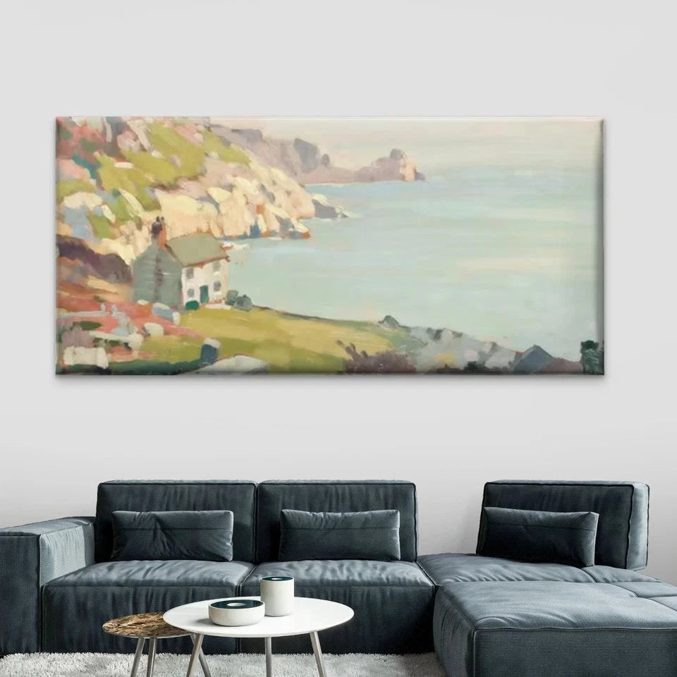 Coastal Cottage Cliffside Ocean Wall Art Canvas Office Home Room Framed 120x60cm