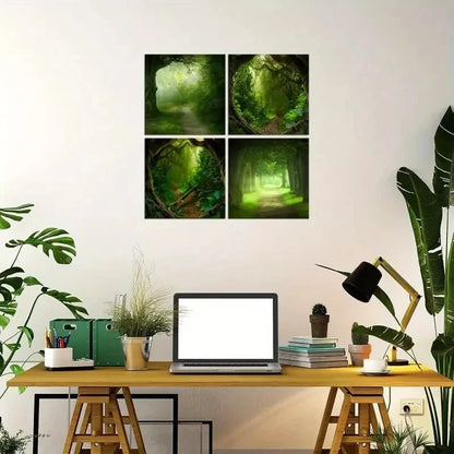 4pcs Green Forest  Wall Art Canvas Framed