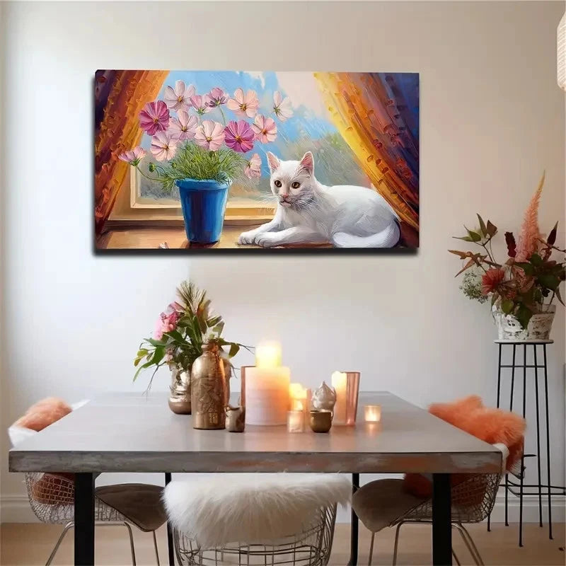 White Cat And Flowers On Wall Art Canvas Office Home Room Framed 120x60cm