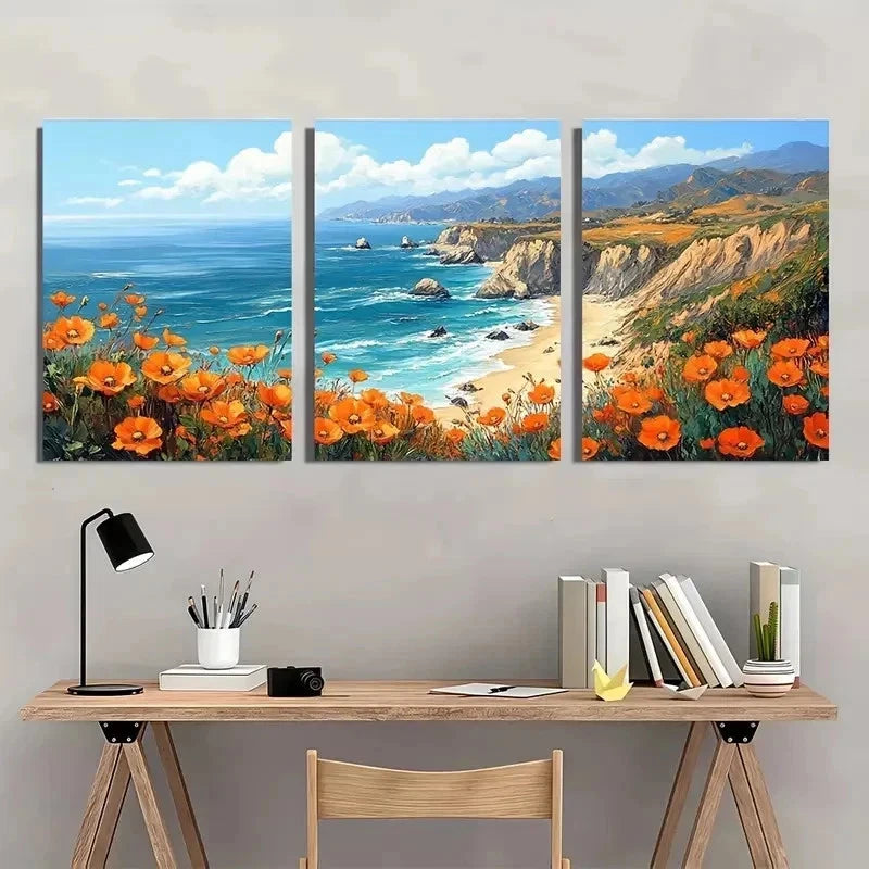 3pcs Big Sur Poppy California Coastal Perfect Wall Art Set Canvas Framed 40x60cm - High Quality Print 100% Australian Made Wall Canvas Ready to Hang - Bella Home Decor