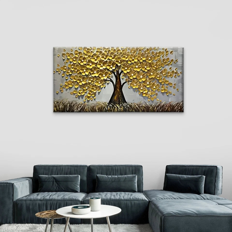 Tree Golden Abstract Wall Art Canvas Office Home Room Framed 120x60cm