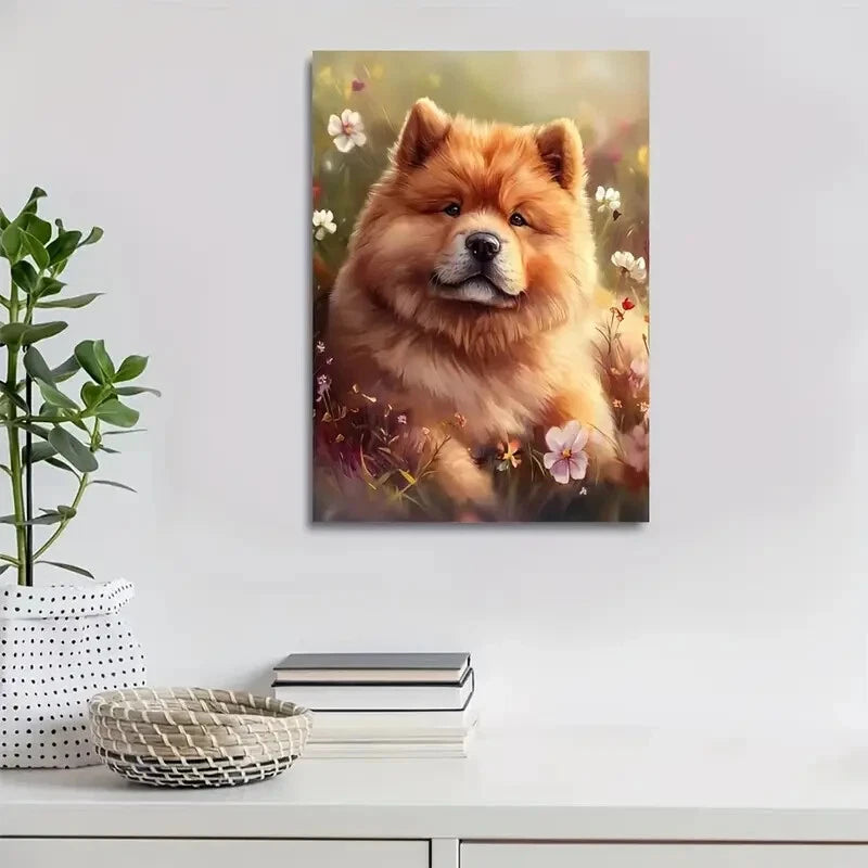 Adorable Chow Chow Dog with Flowers & Plants 40x60cm Metal Print Ready to Hang - Bella Home Decor