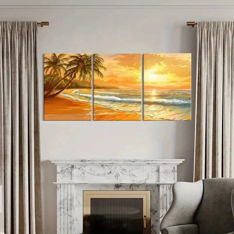 3pcs Vibrant Sunset Beach & Ocean Landscape Metal Print Ready to Hang Art - Bella Home Decor