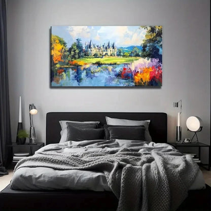 Bohemian Castle Lake Scene Wall Art Canvas Office Home Room Framed 120x60cm