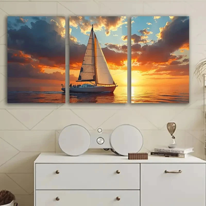 3pcs Sailboat At Sunset Wall Art Set Canvas Framed 60x90cm - High Quality Print 100% Australian Made Wall Canvas Ready to Hang