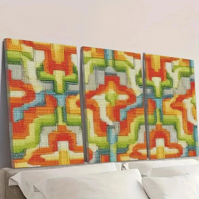 3pcs Modern Geometric Cross Stitch Pattern Wall Art Set Canvas Framed 40x60cm - High Quality Print 100% Australian Made Wall Canvas Ready to Hang