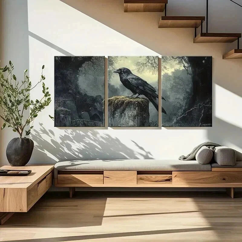 3pcs Mysterious Crow Gothic Raven Forest Wall Art Set Canvas Framed 40x60cm - High Quality Print 100% Australian Made Wall Canvas Ready to Hang - Bella Home Decor