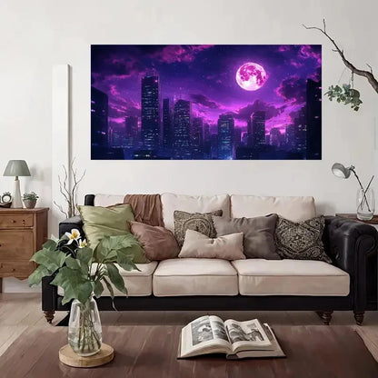 Purple Moon Night City Wall Art Canvas Office Home Room Framed 120x60cm