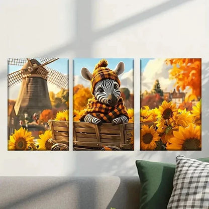 3pcs Zebra in a Wagon with Sunflowers Wall Art Canvas Unframed - High Quality Print 100% Australian Made Wall Canvas