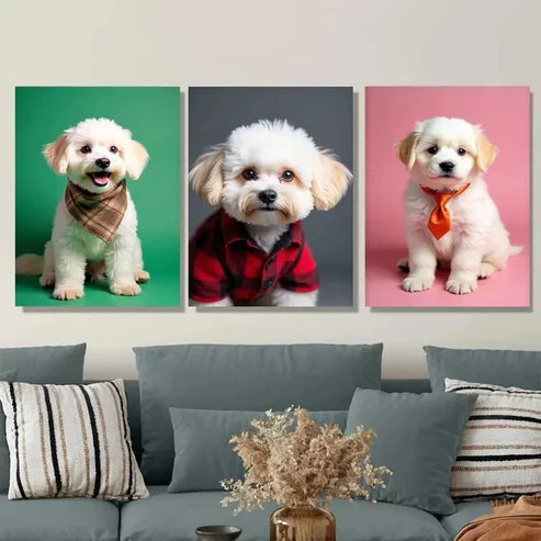 3pcs Chic & Stylish Dog Green, Gray, Pink Art Set Canvas Unframed - High Quality Print 100% Australian Made Wall Canvas - Bella Home Decor