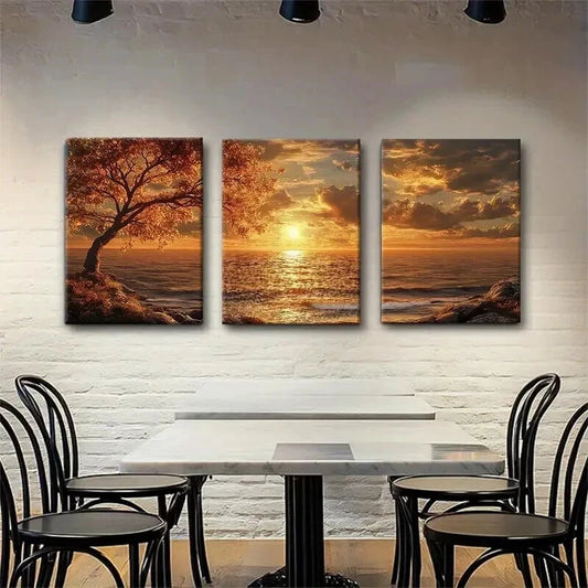 3pcs Golden Sunset Seascape Perfect Design Wall Art Set Canvas Framed 60x90cm - High Quality Print 100% Australian Made Wall Canvas Ready to Hang