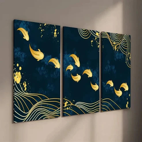 3pcs Navy blue and Golden Fish Wall Art Set Canvas Unframed - High Quality Print 100% Australian Made Wall Canvas