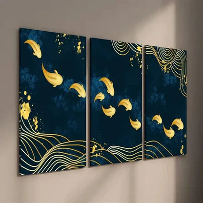 3pcs Navy blue and Golden Fish Wall Art Set Canvas Unframed - High Quality Print 100% Australian Made Wall Canvas