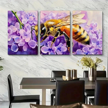 3pcs Vibrant Bee And Lilac Flowers Perfect Wall Art Set Canvas Framed 50x70cm - High Quality Print 100% Australian Made Wall Canvas Ready to Hang