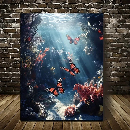 Surreal Underwater Coral Reef with Playful Butterflies 40x60cm Metal Print Ready to Hang - Bella Home Decor