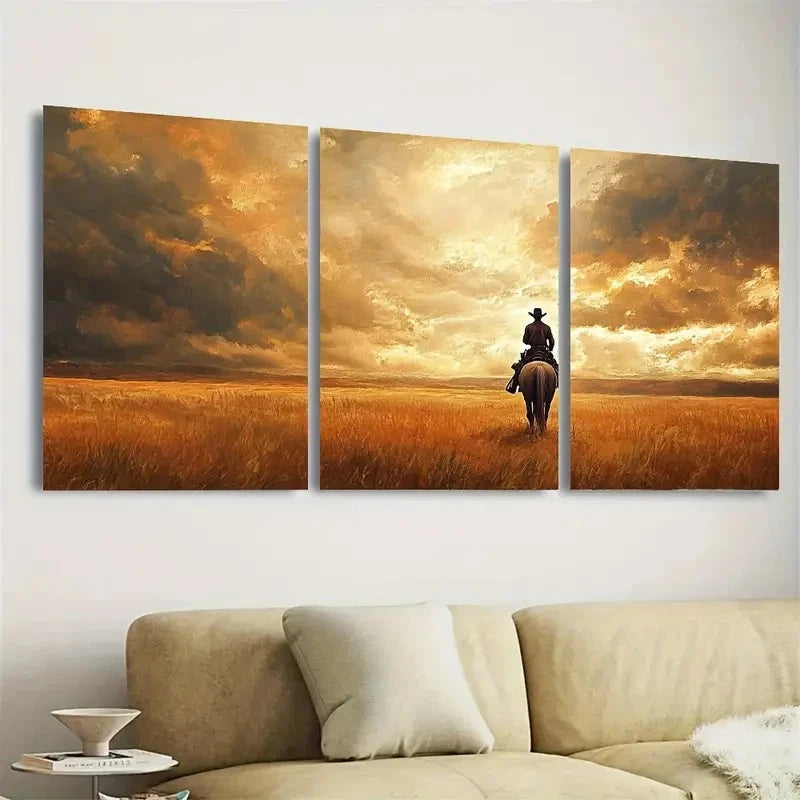 3pcs Rustic Cowboy, Prairie with Horseback Wall Art Set Canvas Framed 50x70cm - High Quality Print 100% Australian Made Wall Canvas Ready to Hang