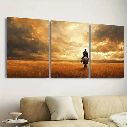 3pcs Rustic Cowboy, Prairie with Horseback Wall Art Set Canvas Framed 50x70cm - High Quality Print 100% Australian Made Wall Canvas Ready to Hang