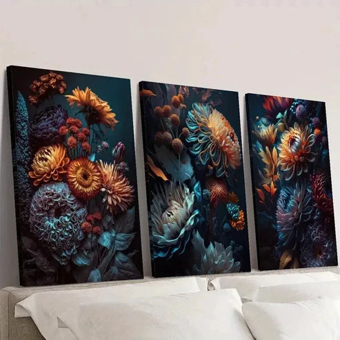 3pcs Colorful Retro Gorgeous Chrysanthemums Wall Art Canvas Unframed - High Quality Print 100% Australian Made Wall Canvas