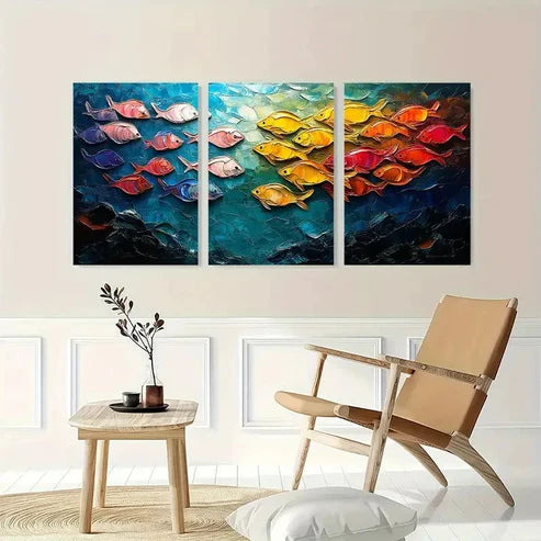 3pcs Colorful Fish School SF Wall Art Set Canvas Unframed - High Quality Print 100% Australian Made Wall Canvas - Bella Home Decor
