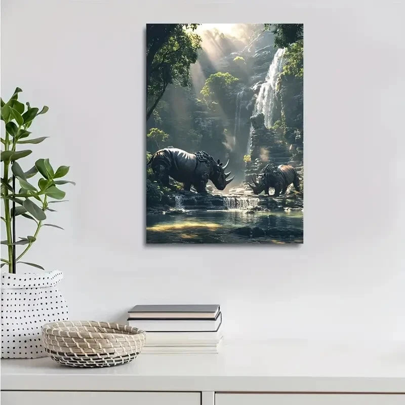 Rhino Scene with Waterfall & Sunlit Trees Painting 40x60cm Metal Print Ready to Hang