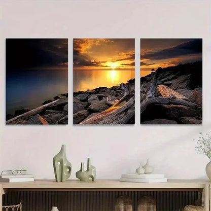 3pcs Sunset Beach Serene Ocean & Rocky Shoreline Wall Art Set Canvas Unframed - High Quality Print 100% Australian Made Wall Canvas
