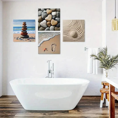 4pcs Vibrant Blue Sky & Ocean With Footprint Wall Art Canvas Framed