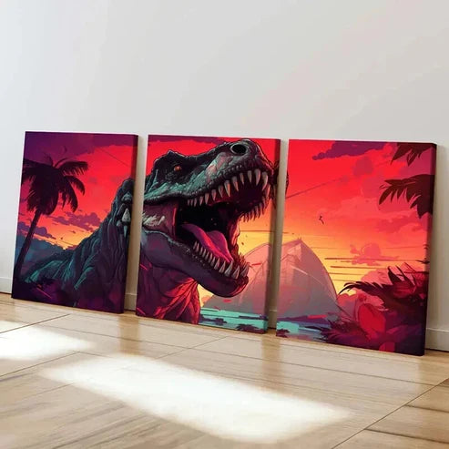 3pcs Vibrant T-Rex & Prehistoric Jungle Scene Wall Art Canvas Unframed - High Quality Print 100% Australian Made Wall Canvas