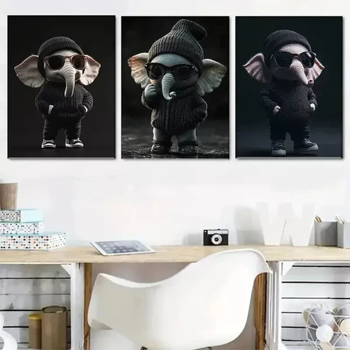 3 PCS Cool Elephant With Knitted Hat And Sunglasses Wall Art Set Canvas Unframed - High Quality Print 100% Australian Made Wall Canvas - Bella Home Decor