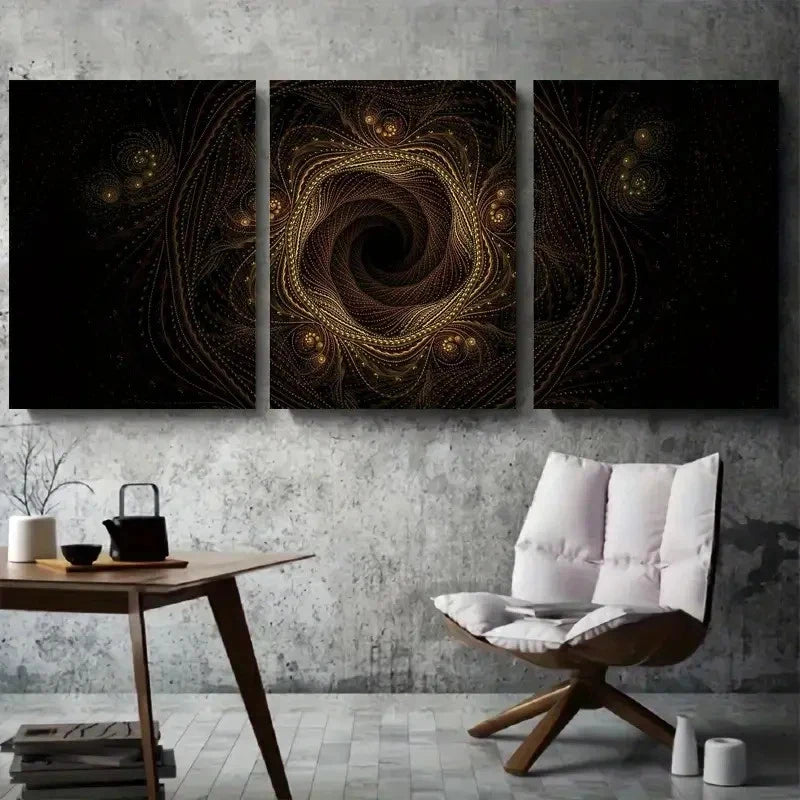 3pcs Abstract Golden & Black Swirl Metal Print Ready to Hang Art - Bella Home Decor