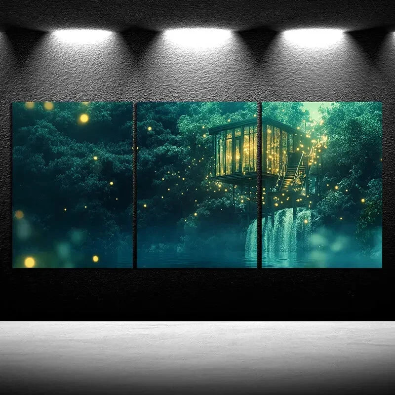 3pcs Waterfall & Treehouse Design Metal Print Ready to Hang Art - Bella Home Decor