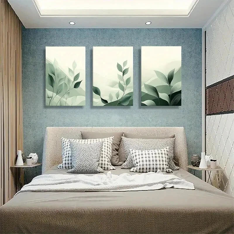 3pcs Modern Abstract Green Leaves Foliage Metal Print Ready to Hang Art - Bella Home Decor