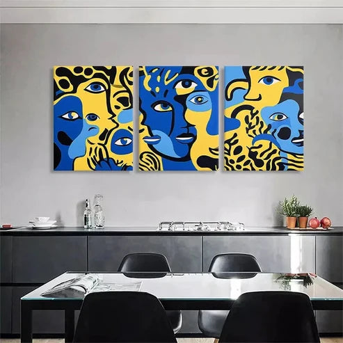 3pcs Abstract Expressionist Faces Blue Perfect Art Set Canvas Unframed - High Quality Print 100% Australian Made Wall Canvas - Bella Home Decor