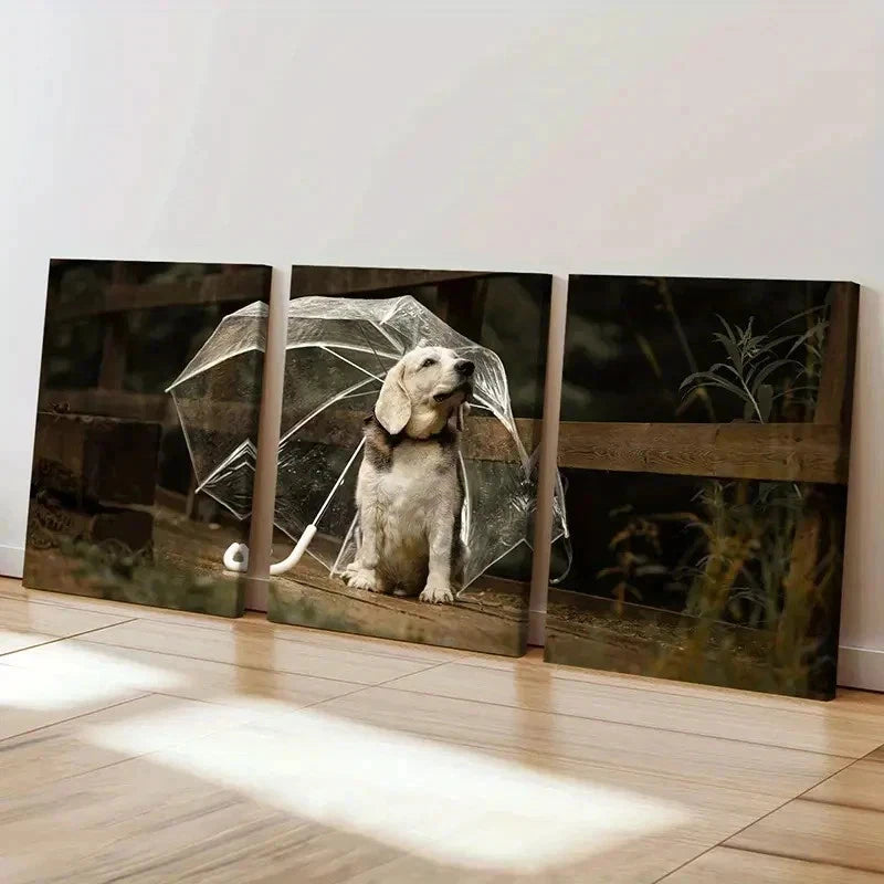 3pcs Puppy Dog Pet Under an Umbrella Wall Art Set Canvas Framed 60x90cm - High Quality Print 100% Australian Made Wall Canvas Ready to Hang - Bella Home Decor
