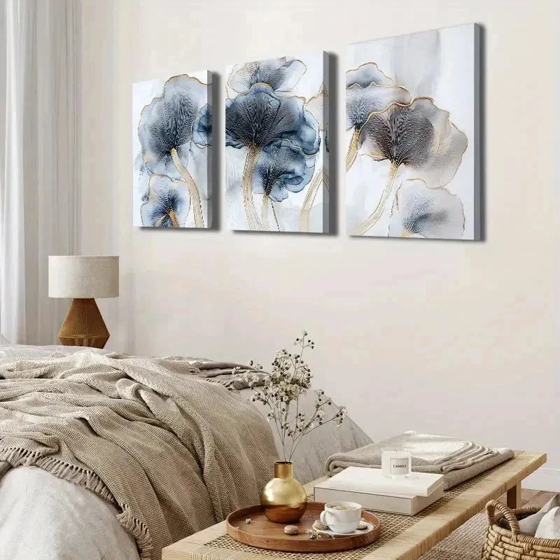3pcs Three Piece Blue And Golden Wall Art Set Canvas Framed 60x90cm - High Quality Print 100% Australian Made Wall Canvas Ready to Hang