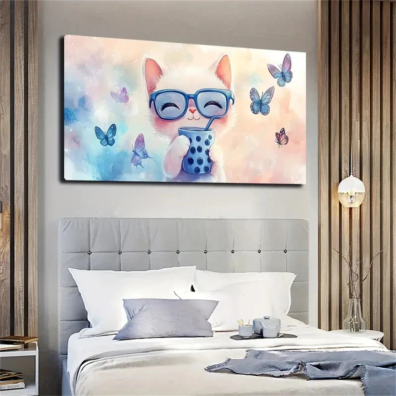 Whimsical White Kitten Glasses Wall Art Canvas Office Home Room Framed 120x60cm - Bella Home Decor